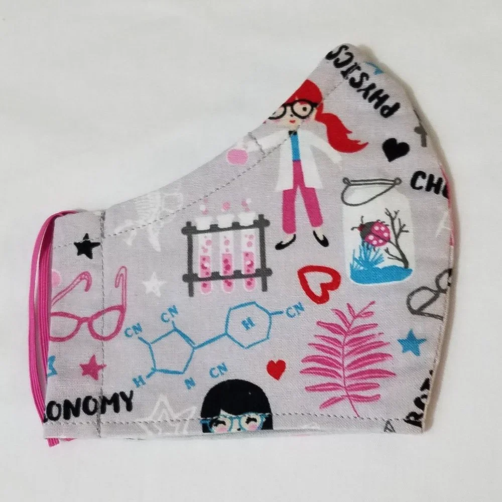 Hand Crafted Bundle of 2 Face Masks Adult and Kids Science Gray Pink